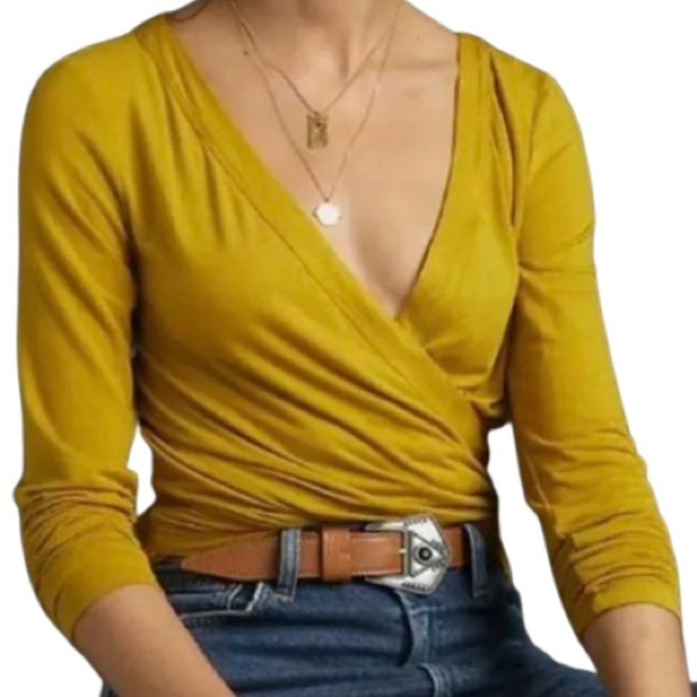 Anthropologie Saturday Sunday Ally Surplice Faux Wrap Top in Mustard
